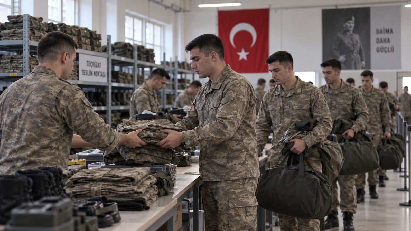 Bedelli askerlikte yemin töreninden sonra askerî malzeme teslimi yapan rütbesiz askerler, teçhizat teslim noktasında kamuflaj kıyafetleri ve birlik ekipmanlarını görevli askerlere veriyor.