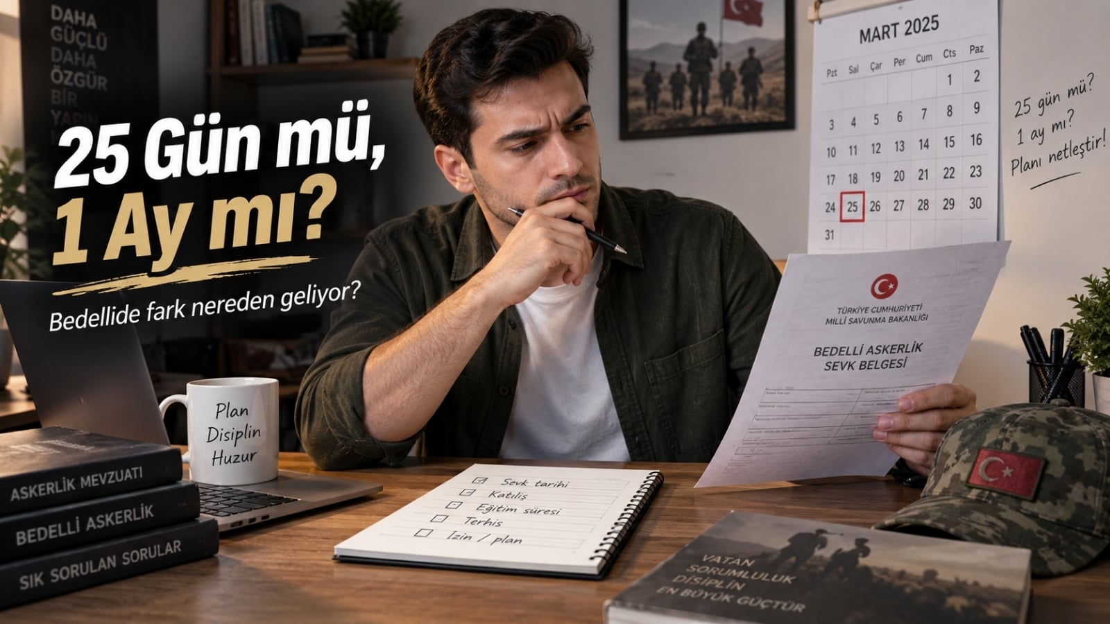 Bedelli askerlik sevk ve terhis tarihlerini takvim üzerinden karşılaştırarak fiilî askerlik süresini hesaplayan yükümlü