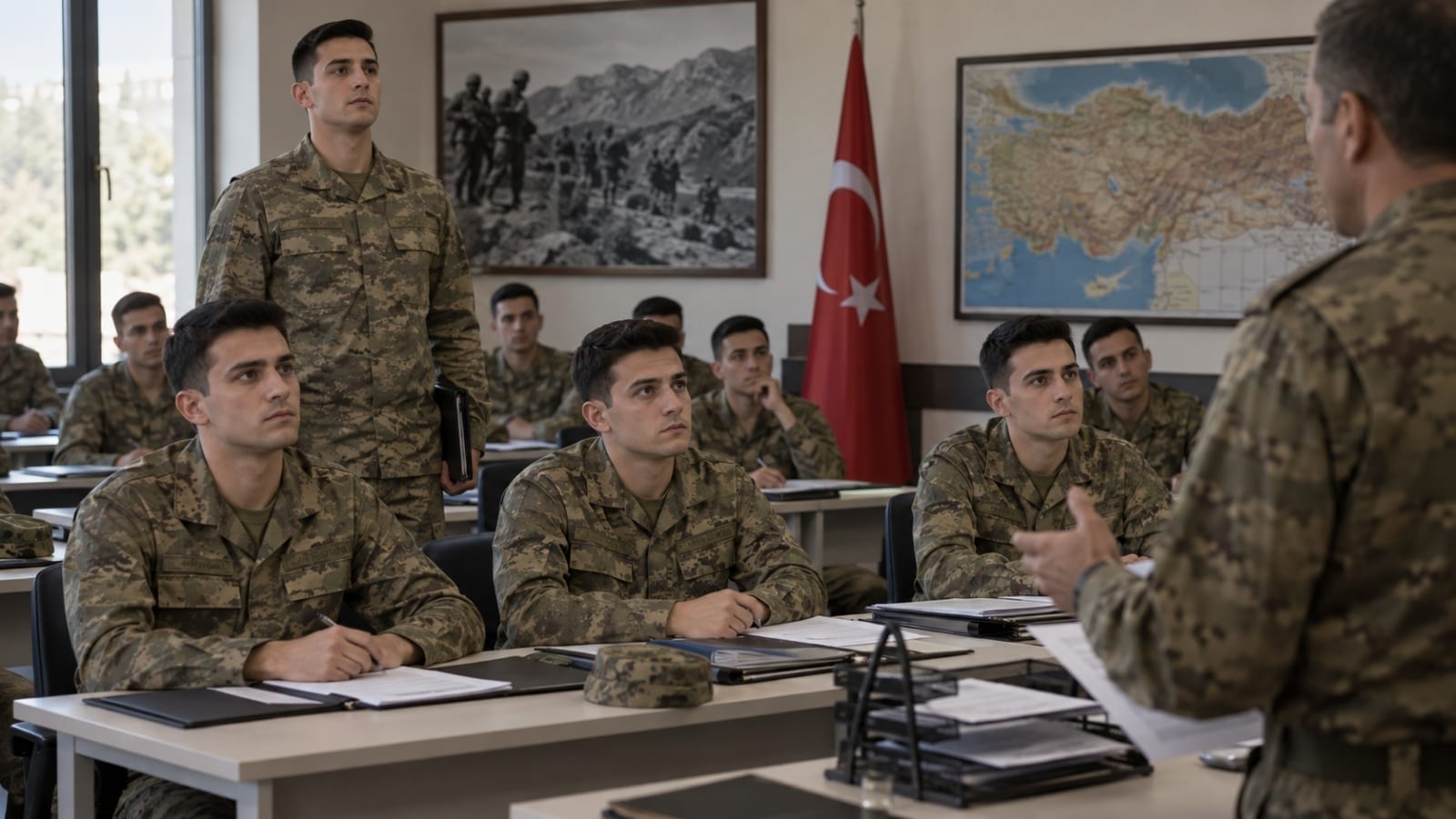 Yedek subay seçiminde üniversite bölümü ve mesleki nitelik değerlendirmesini temsil eden sahnede, kamuflajlı askerler sınıf ortamında komutanın yaptığı askerî brifingi dikkatle takip ediyor.