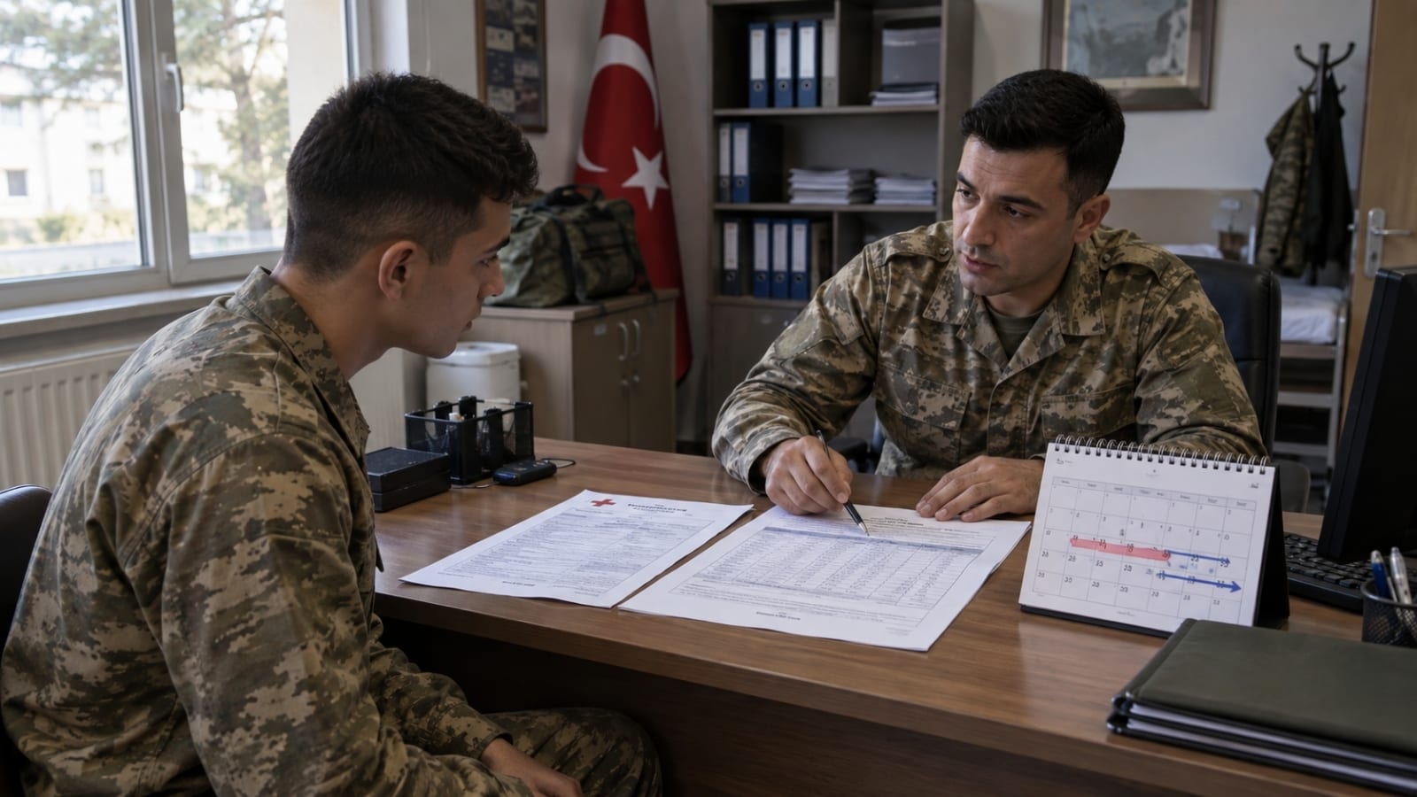 Askerî idari ofiste görevli personelle görüşme yapan asker, rapor ve izin sürecine dair resmî değerlendirme sahnesi.