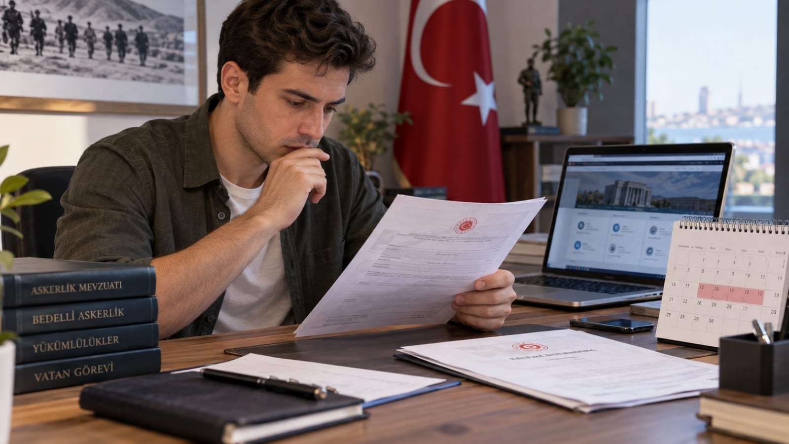 Belgeleri önünde duran genç bir kişinin bedelli askerlik süresini ve tarihlerini dikkatle değerlendirdiği masa başı sahnesi