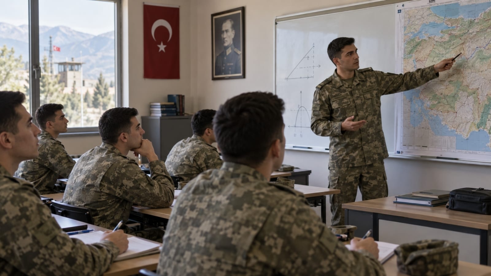 Yedek subay seçiminde öğretmenlik, fen ve matematik alanlarını temsil eden görselde, kamuflajlı askerler sınıf ortamında harita ve tahta üzerinden verilen askerî dersi dikkatle izliyor.