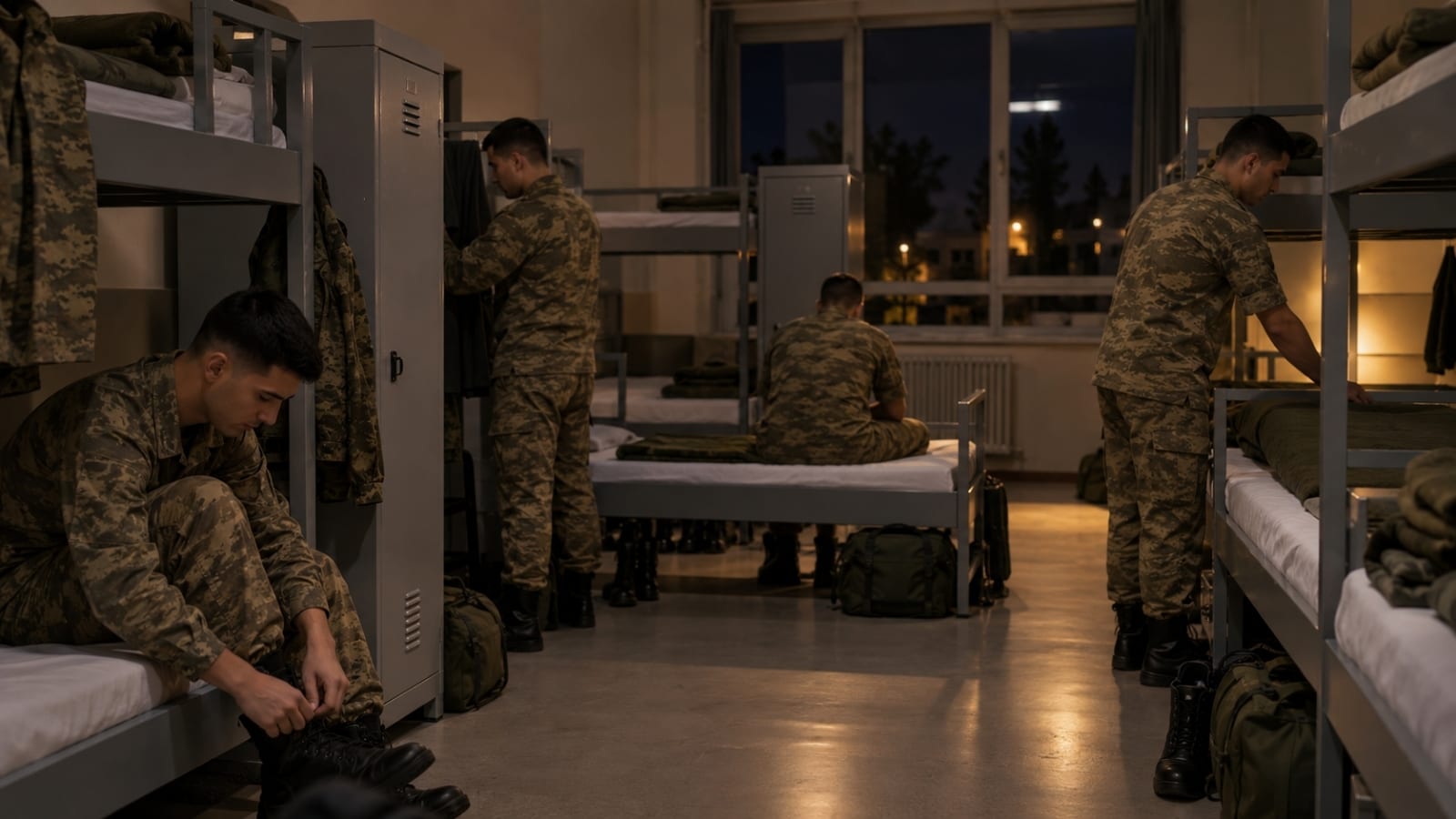 Bedelli askerlikte akşam yatış saatleri öncesinde askerî koğuşta istirahate hazırlanan rütbesiz askerler, yat içtiması sonrası yatak ve dolap düzenini tamamlıyor.