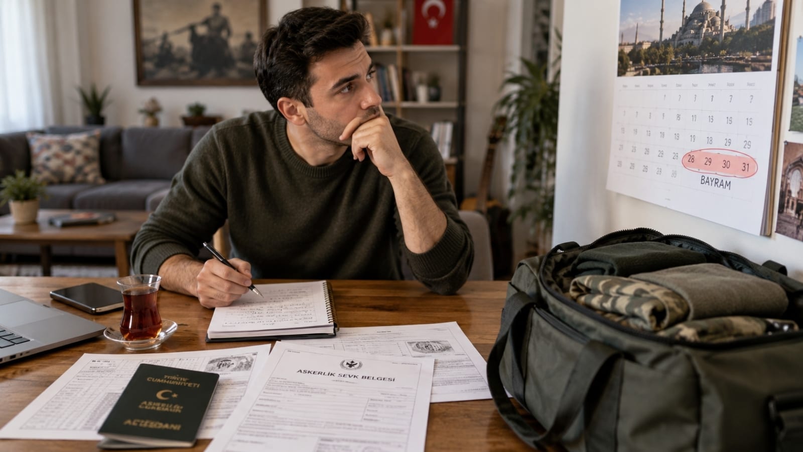 Takvim ve hazırlık notları üzerinden bedelli askerlik süresini planlamayı anlatan editoryal masa düzeni