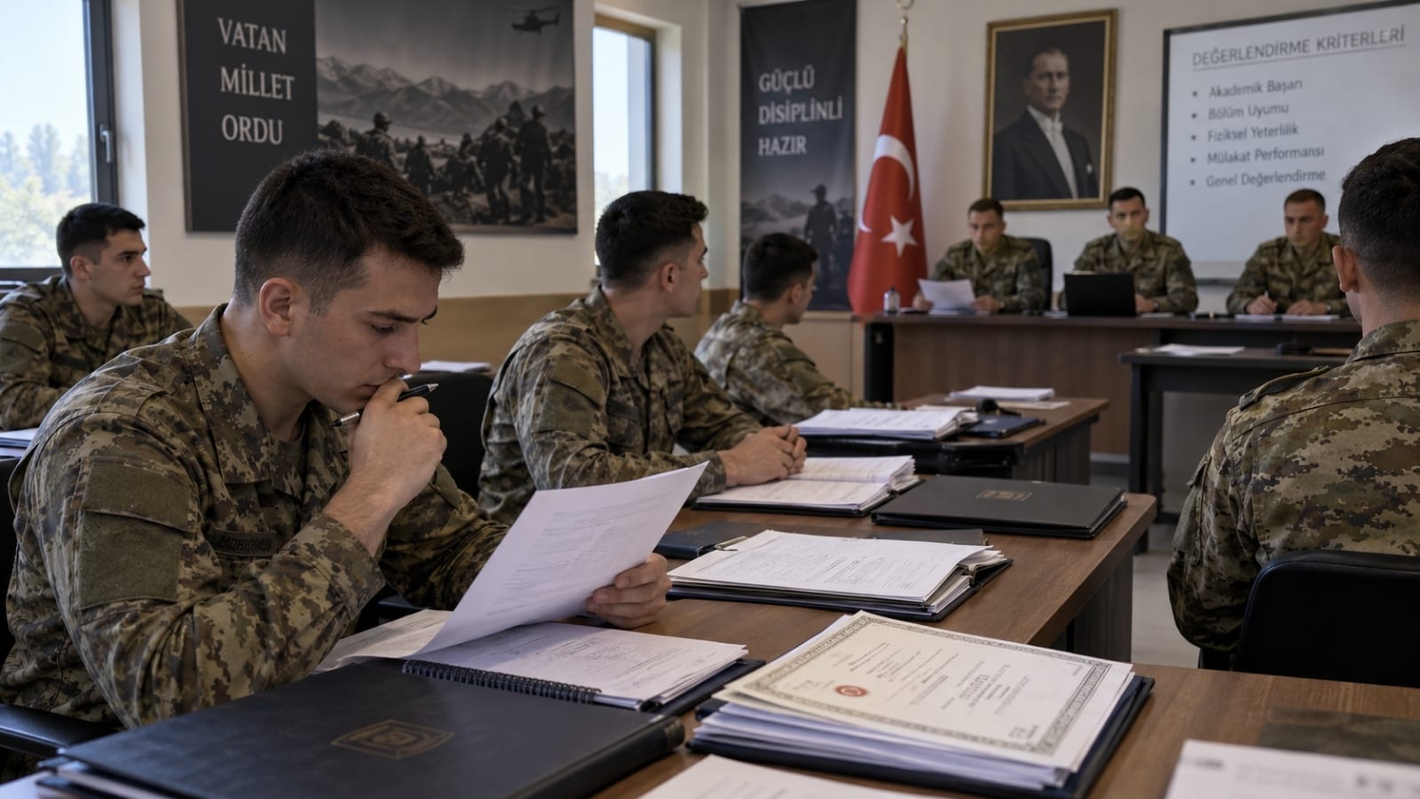 Yedek subay ve yedek astsubay seçiminde üniversite bölümü ile diploma notunun değerlendirilmesini temsil eden sahnede, rütbesiz adaylar mezuniyet belgeleri, formlar ve değerlendirme evraklarını inceliyor.