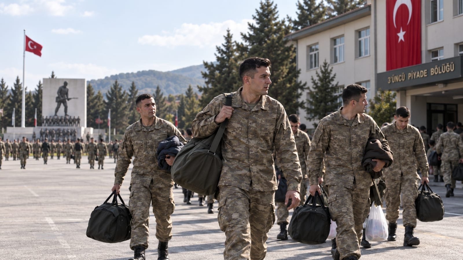 Bedelli askerlikte yemin töreni sonrası bölüğe dönen rütbesiz askerler, askerî birlik yerleşkesinde valiz ve kişisel eşyalarıyla kışla binasına doğru yürüyor.