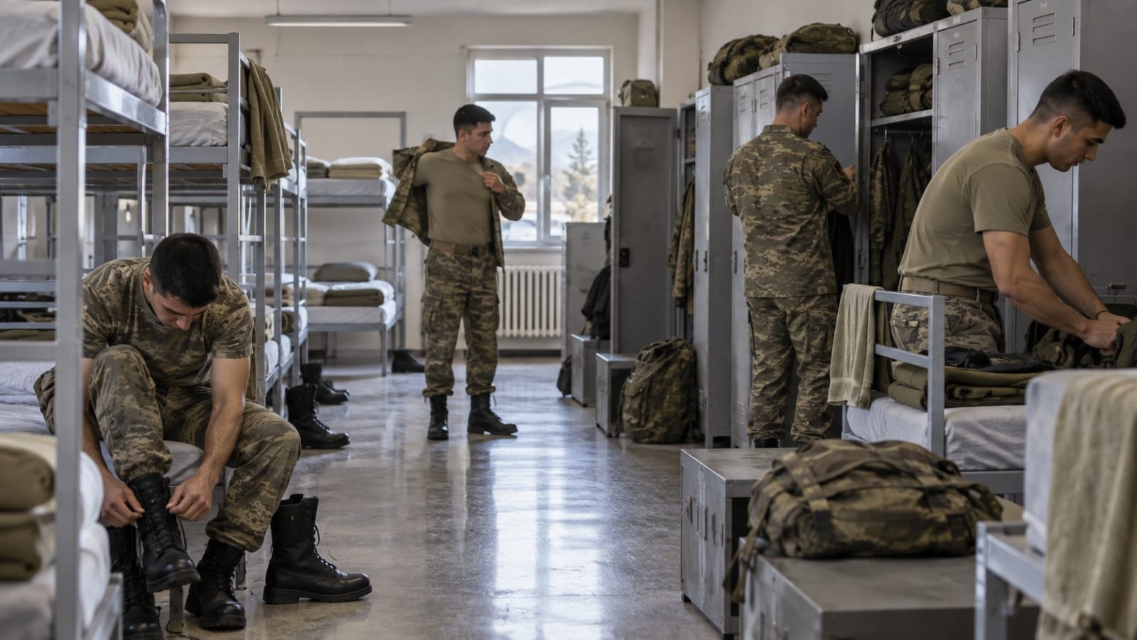 Bedelli askerlik koğuşunda sabah hazırlığı yapan rütbesiz askerler, botlarını bağlayıp kamuflajlarını giyerek askerî koğuş düzeni içinde içtima öncesi hazırlıklarını tamamlıyor.