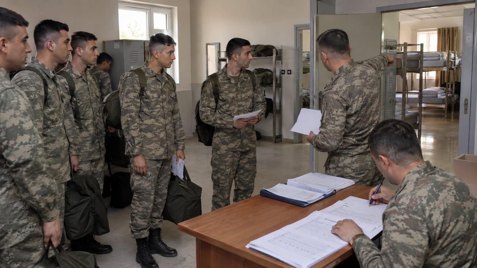 Koğuş yerleşimi öncesinde toplu şekilde yönlendirme alan ve aynı yatakhane bölümüne dağıtılan bedelli askerler.