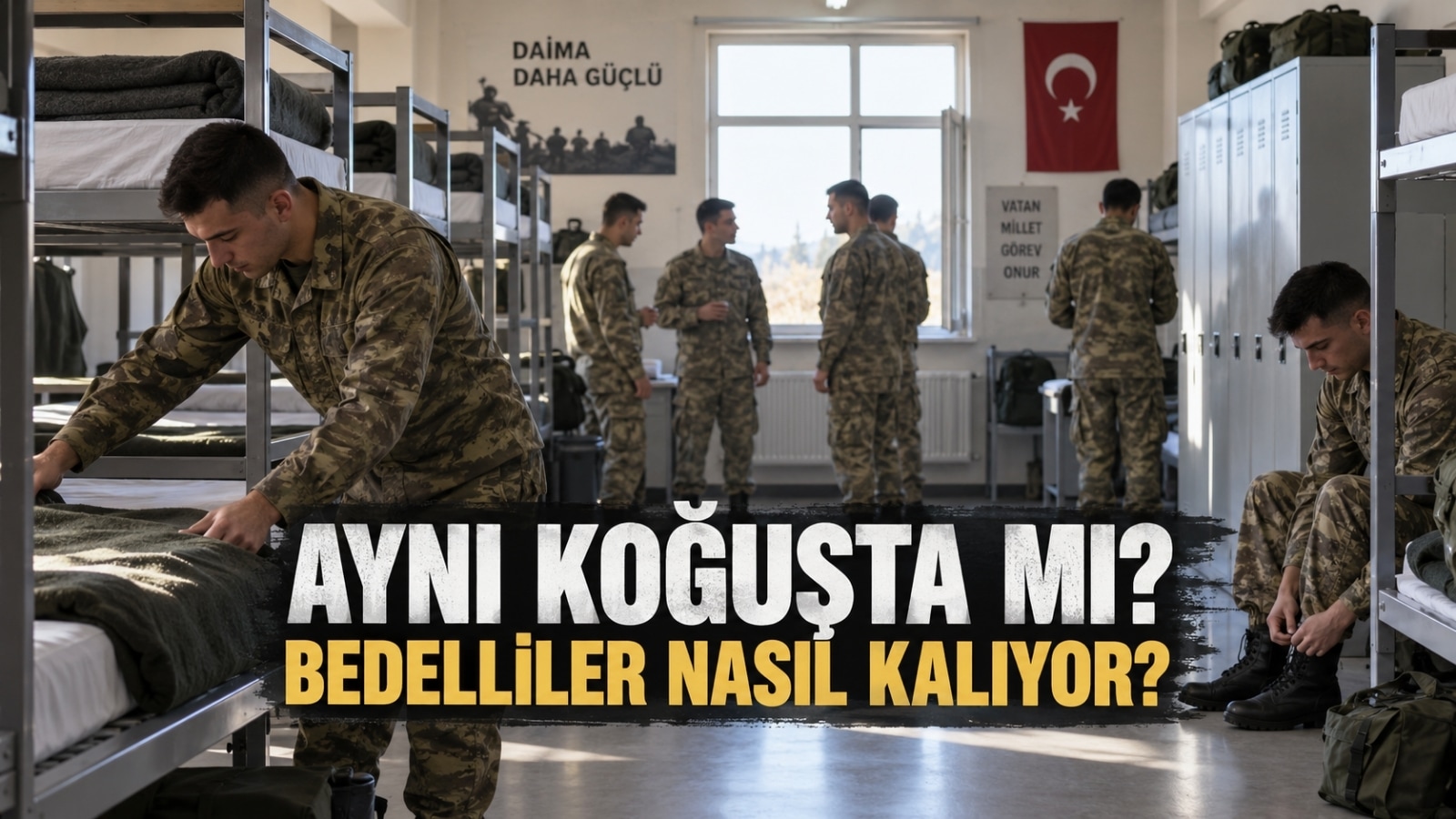 Bedelli askerlik temel eğitiminde rütbesiz kamuflajlı erlerin yatak ve dolapların bulunduğu askerî koğuşta günlük düzene hazırlandığı ortam