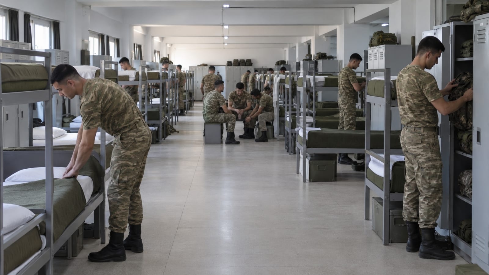 Çok sayıda ranza ve dolabın bulunduğu geniş askerî koğuşta günlük düzenini sağlayan bedelli askerler.