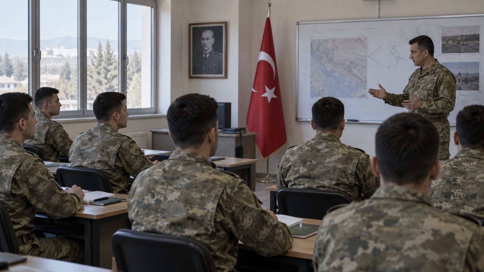 Dört yıllık üniversite mezunlarının yedek astsubay olarak değerlendirilebilmesini temsil eden sahnede, rütbesiz asker adayları sınıf ortamında TSK sınıflandırma ve askerlik statüsü brifingini takip ediyor.