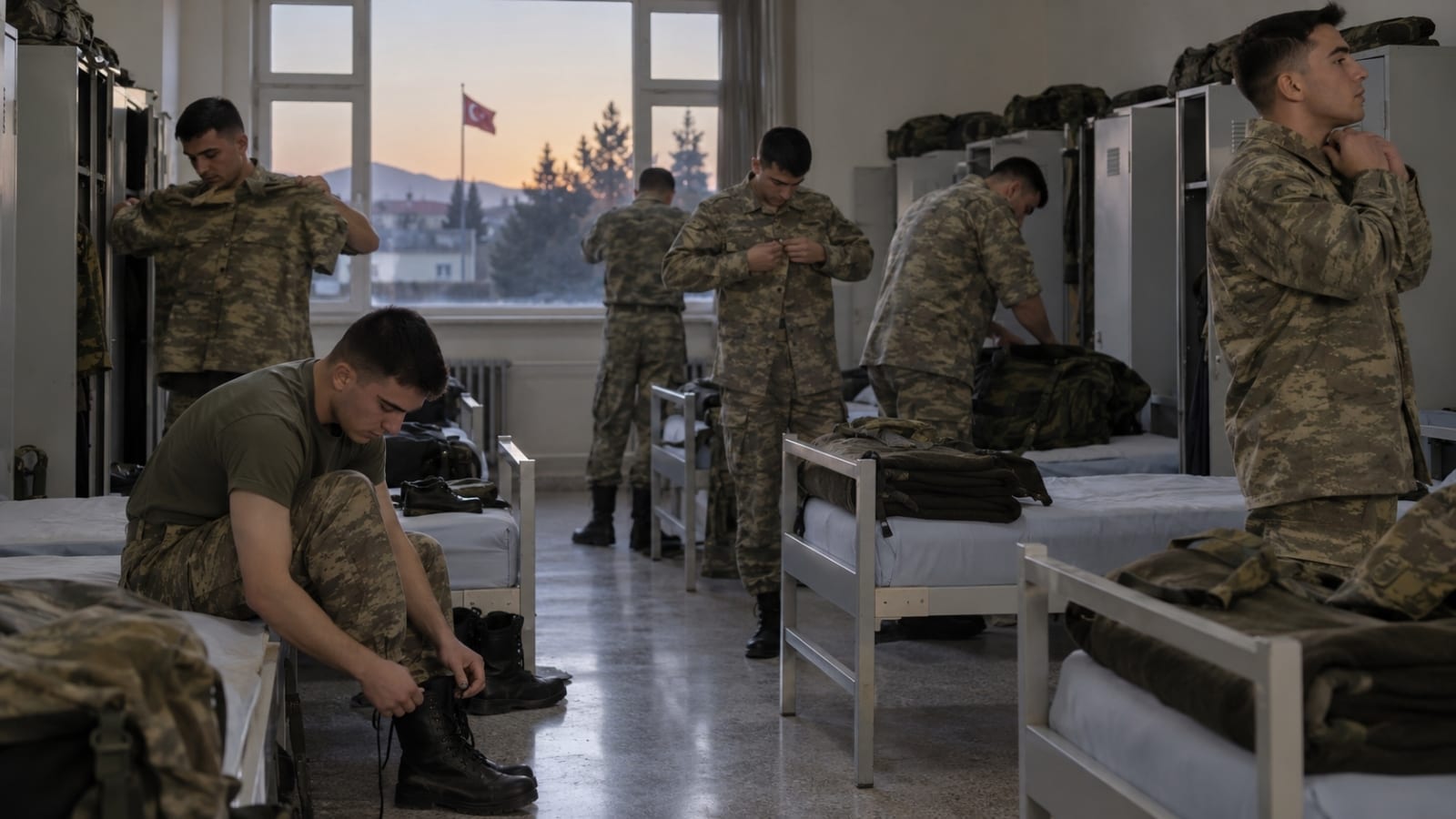 Bedelli askerlik sürecinde rütbesiz kamuflajlı erlerin sabah yoklama düzeninde içtima için sıra olduğu kışla sahnesi.