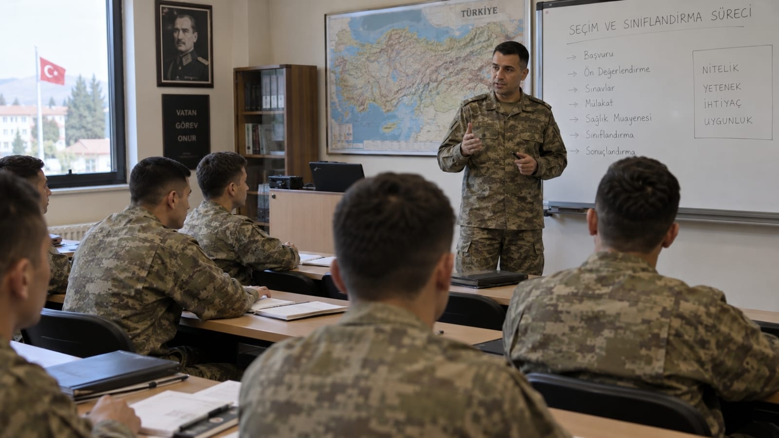 Yedek astsubay seçiminde üniversite bölümü, mesleki nitelik ve TSK ihtiyacını temsil eden sahnede, rütbesiz adaylar askerî sınıfta seçim ve sınıflandırma brifingini dinliyor.