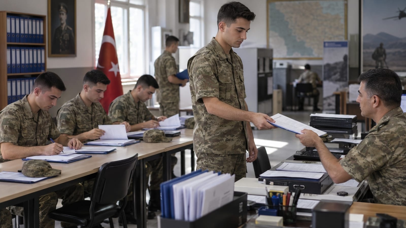 Lisans mezunu yedek astsubay adaylarının sınıflandırma sürecini temsil eden görselde, rütbesiz asker adayları askerî evrak ve tercih işlemlerini tamamlayarak belgelerini görevli personele teslim ediyor.