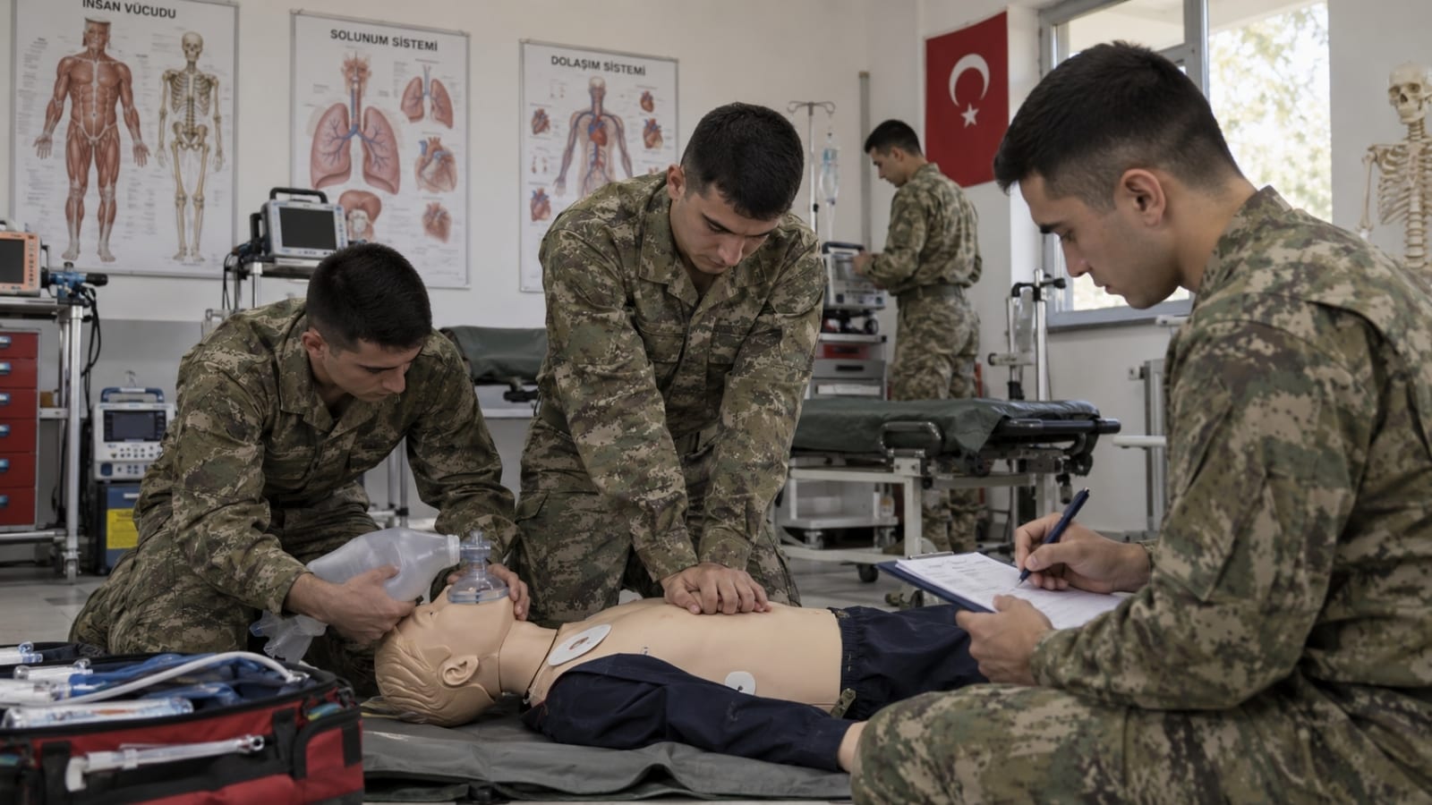 Yedek astsubaylıkta sağlık hizmetleri ve tıbbi dokümantasyon alanlarını temsil eden görselde, rütbesiz adaylar askerî sağlık eğitiminde CPR ve ilk yardım uygulaması yaparken bir aday tıbbi kayıt formunu dolduruyor.