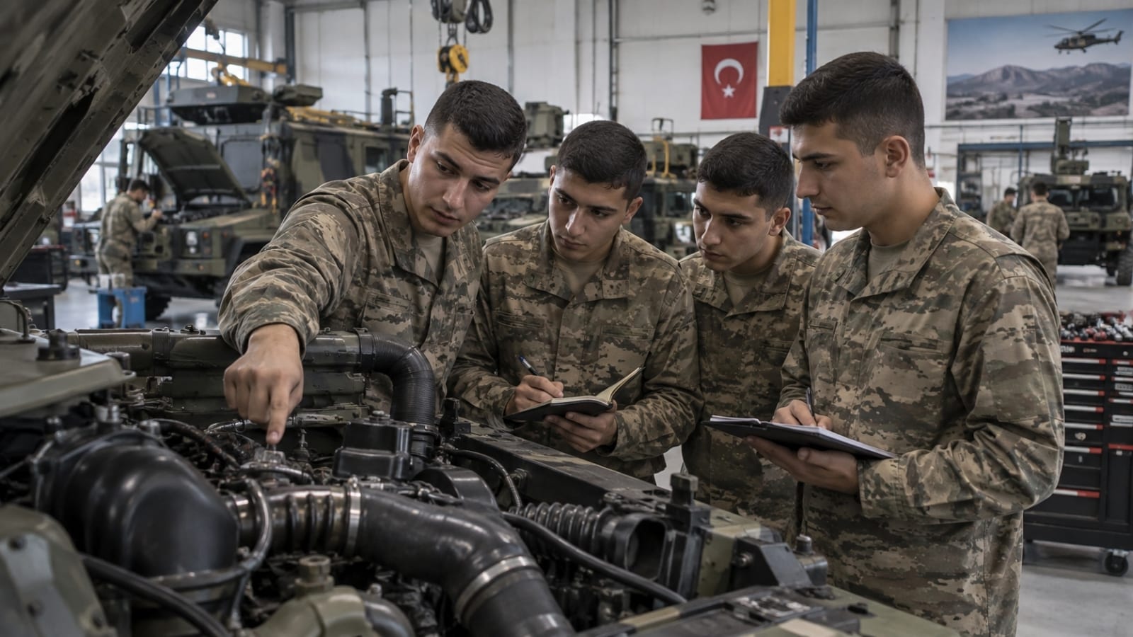 Yedek astsubaylıkta elektrik, elektronik, makine ve otomotiv gibi teknik ön lisans bölümlerini temsil eden görselde, rütbesiz adaylar askerî bakım atölyesinde araç motoru ve teknik ekipman üzerinde uygulamalı inceleme yapıyor.