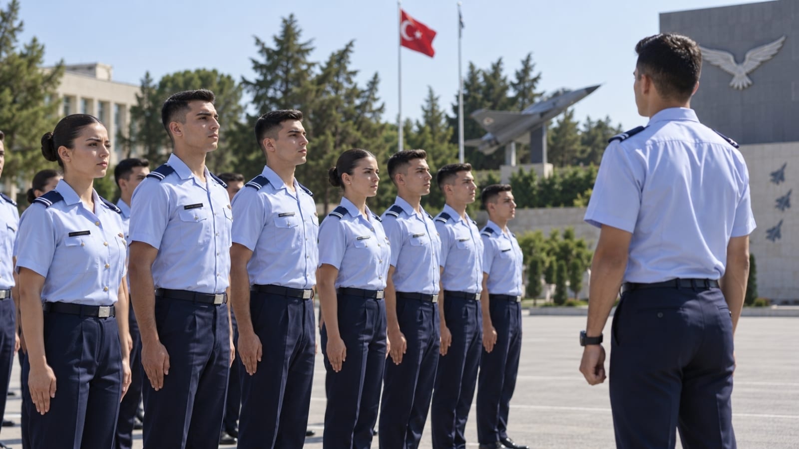 Tören alanında sıra düzeninde hazır bekleyen kadın ve erkek Harbiyeliler, temel askerlik eğitimi kapsamında disiplin ve düzen çalışmasına katılırken