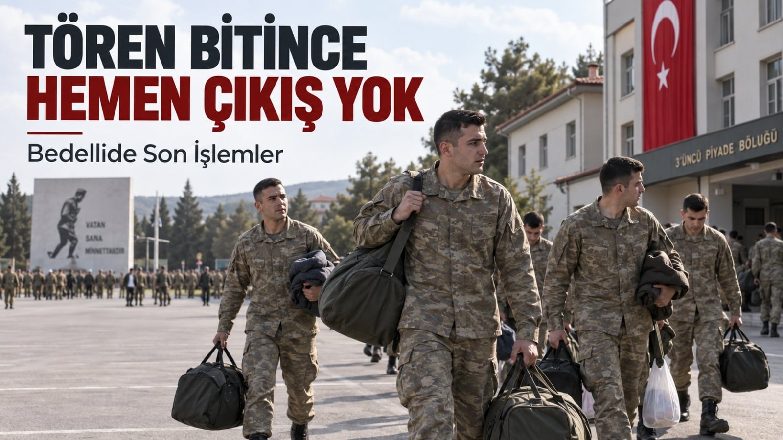 Bedelli askerlikte yemin töreni sonrasında tören alanından ayrılıp son işlemler için yürüyen rütbesiz askerler, ellerinde valiz ve çantalarla kışla içindeki birlik binasına doğru ilerliyor.