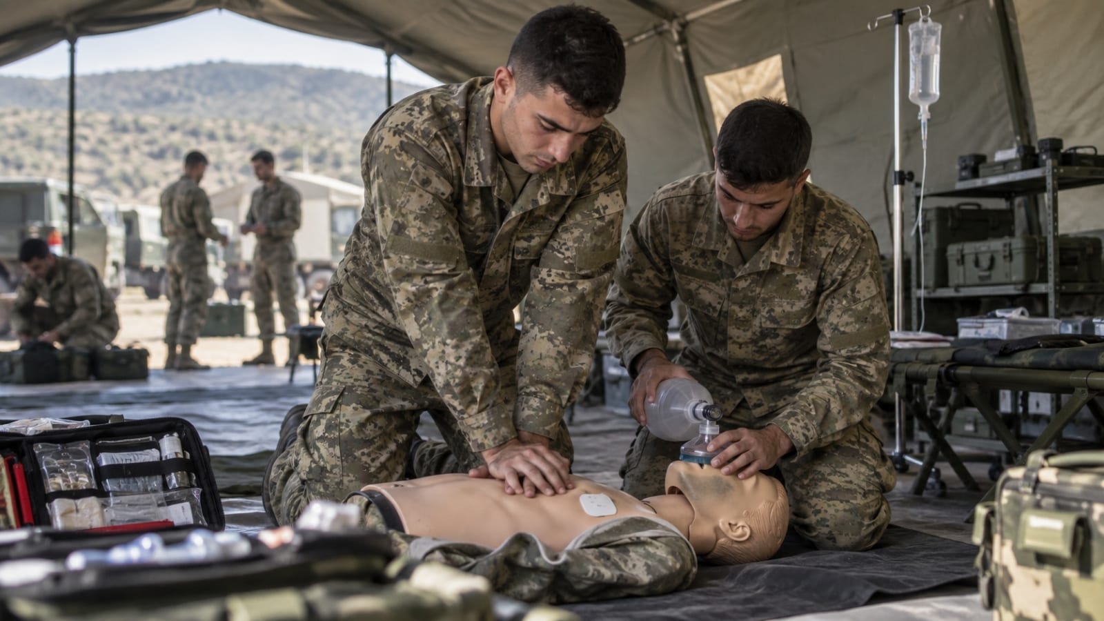 Sahra çadırında ilk yardım ve CPR eğitimi yapan kamuflajlı asker adayları, sağlık bilimleri ve yedek subaylık ilişkisini gösteriyor.