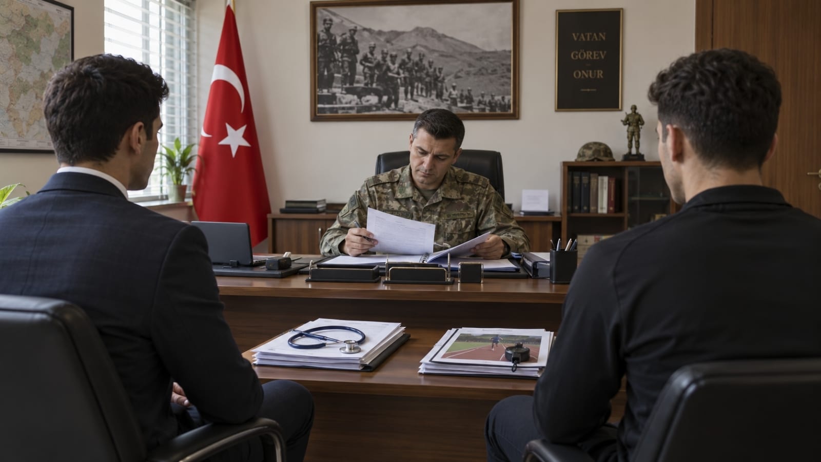 Askerî ofiste sağlık ve spor dosyalarını inceleyen görevli, yedek subay seçiminde bölüm değerlendirmesini gösteriyor.