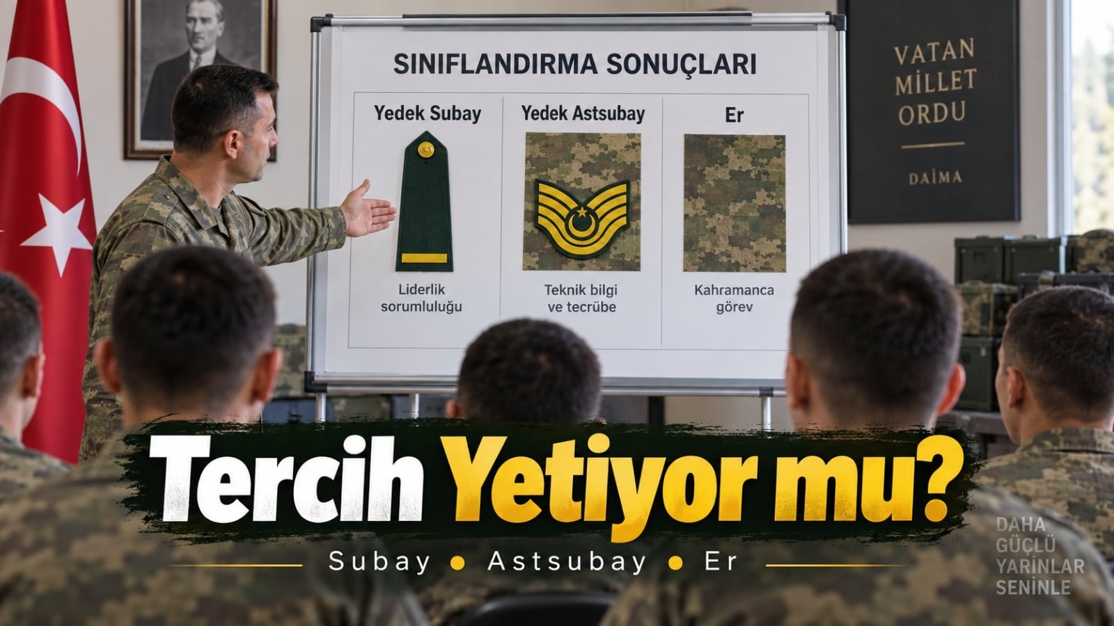 Yedek subay ve yedek astsubay tercihi sonrasında sınıflandırma sonucunu bekleyen rütbesiz erkek asker adaylarının TSK personel ihtiyacı ve askerlik statüsü değerlendirmesini temsil eden sahne.