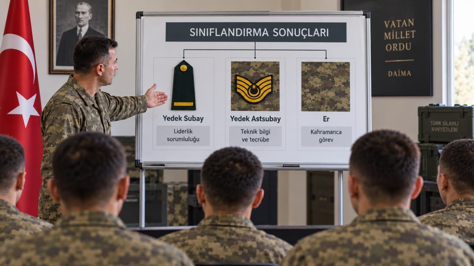 Yedek subay, yedek astsubay ve er statüsü seçeneklerini gösteren askerlik sınıflandırma brifingi.