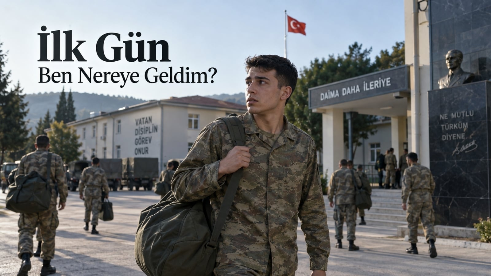Usta birliğine ilk kez gelen rütbesiz er, yeni kışla ortamında çevresini inceliyor.