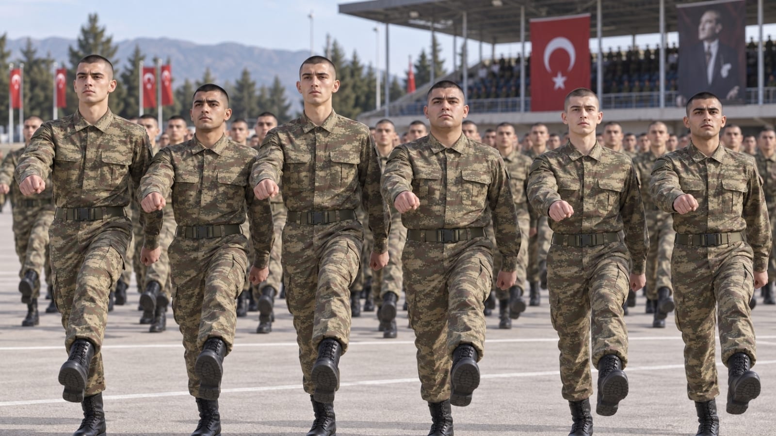 Yemin töreni için düzenli yürüyüş provası yapan rütbesiz askerler.