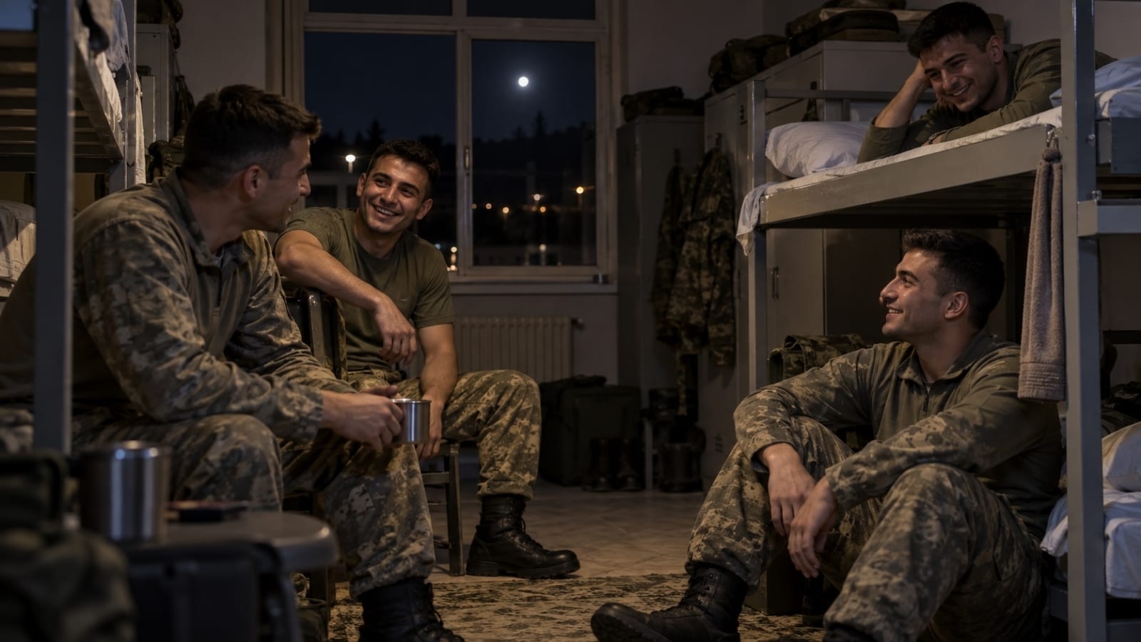 Koğuşta gece sohbeti yapan erler ve usta birliği askerlik arkadaşlığı.