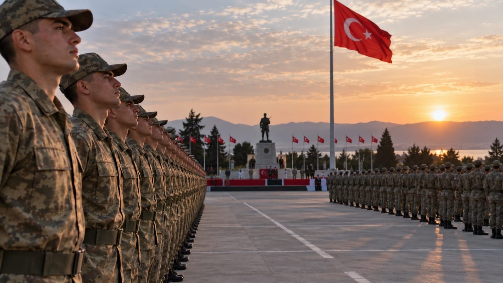 Yemin töreninde tören düzeninde bekleyen rütbesiz askerler ve Türk bayrağı.