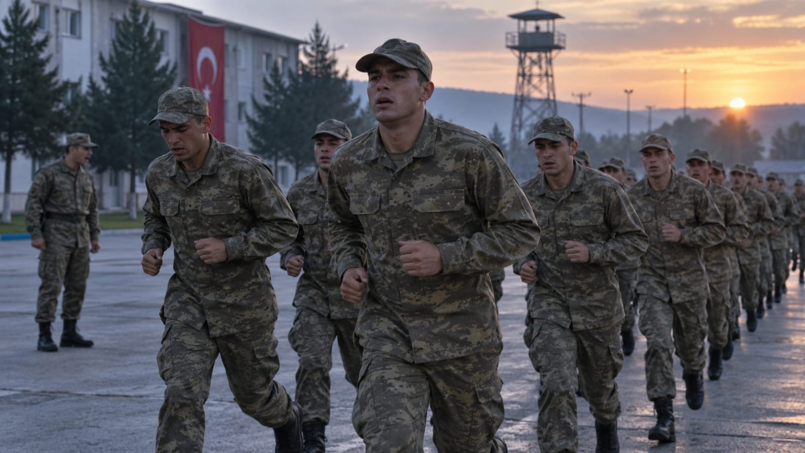 Acemi birliğinde sabah koşusu yapan rütbesiz erler ve askerî eğitim düzeni.