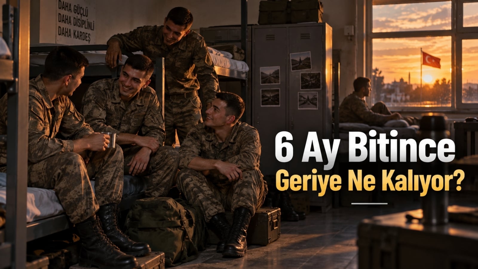 6 aylık askerlik sonunda koğuş arkadaşlığı ve askerlik anılarını yansıtan erlerin kışla içindeki akşam sahnesi.
