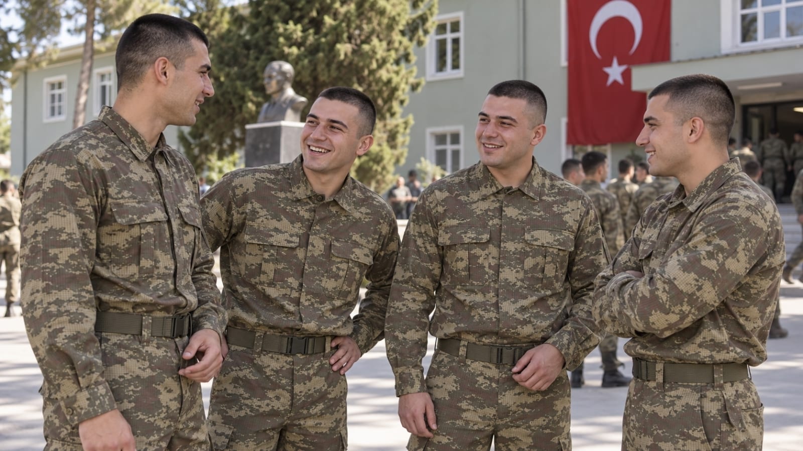 Yemin töreni sonrası acemi birliğinin bitişini arkadaşlarıyla paylaşan rütbesiz askerler.
