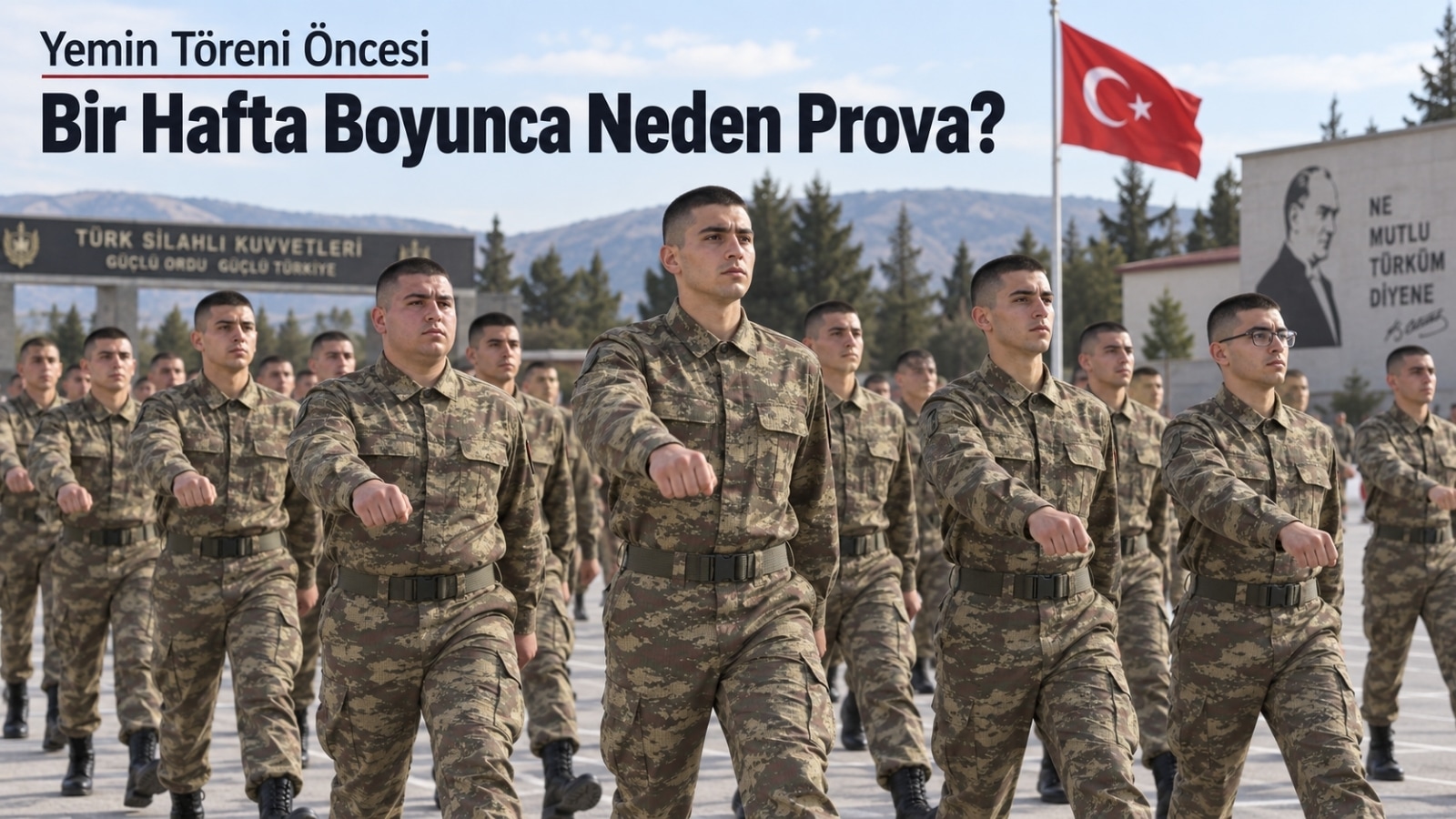 Yemin töreni öncesi yürüyüş provası yapan rütbesiz erler ve tören alanı.
