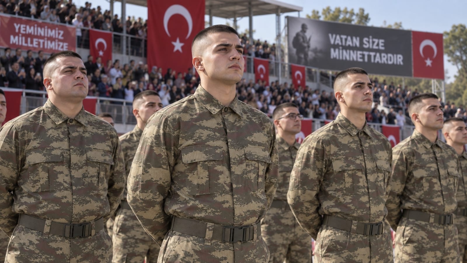 Ailelerin izlediği askerlik yemin töreninde tören düzeninde bekleyen rütbesiz erler.