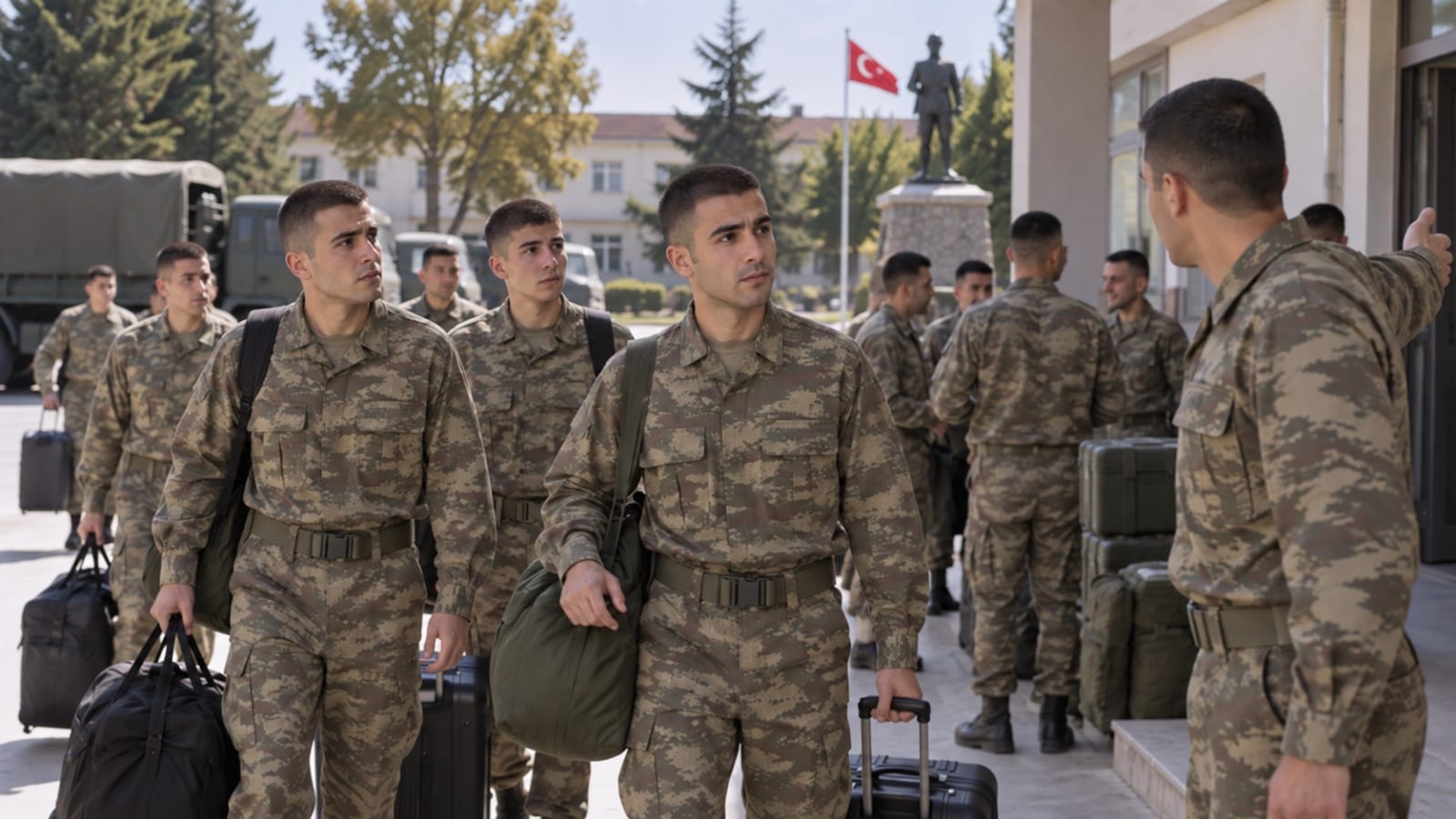 Usta birliğine çantalarıyla gelen rütbesiz erlerin yeni birliğe katılışı.