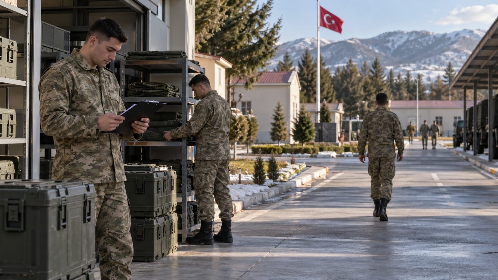 Usta birliğinde günlük görev düzenini sürdüren erler, askerlikte daha sakin görev ortamını temsil ediyor.