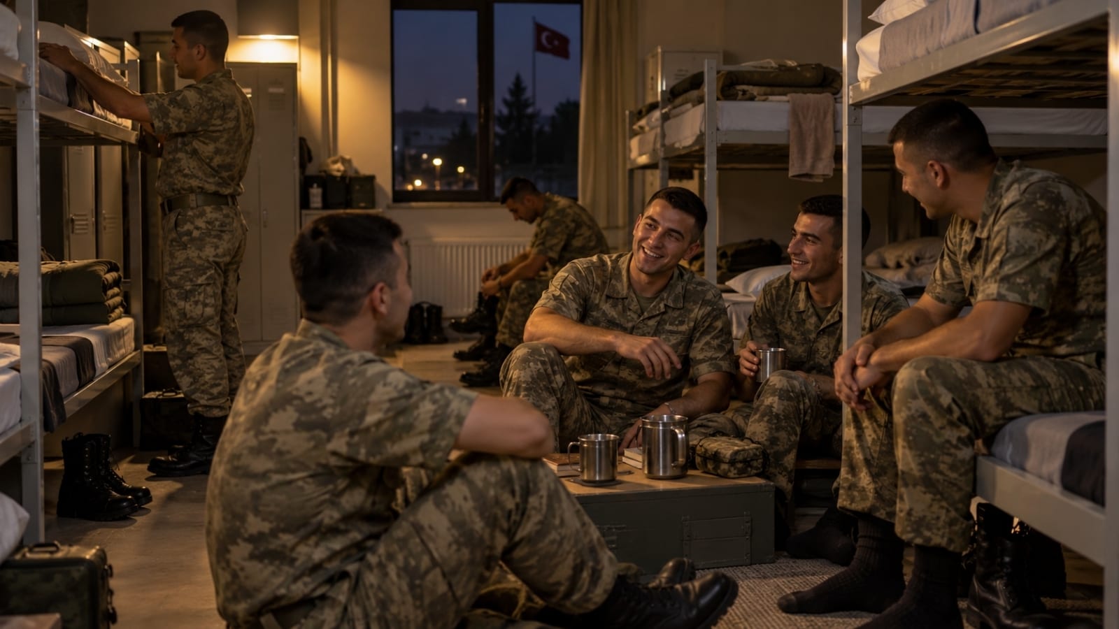Koğuşta sohbet eden erler, askerlik arkadaşlığı ve şafak muhabbetlerini yansıtan samimi bir sahne.