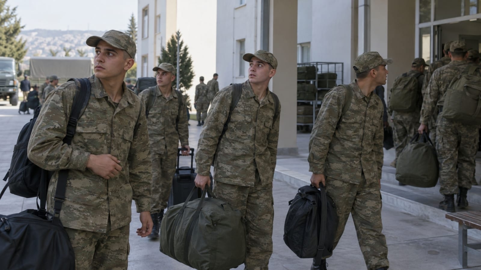 Usta birliğine valizleriyle katılan rütbesiz erler, yeni birlik düzenine alışmaya çalışıyor.