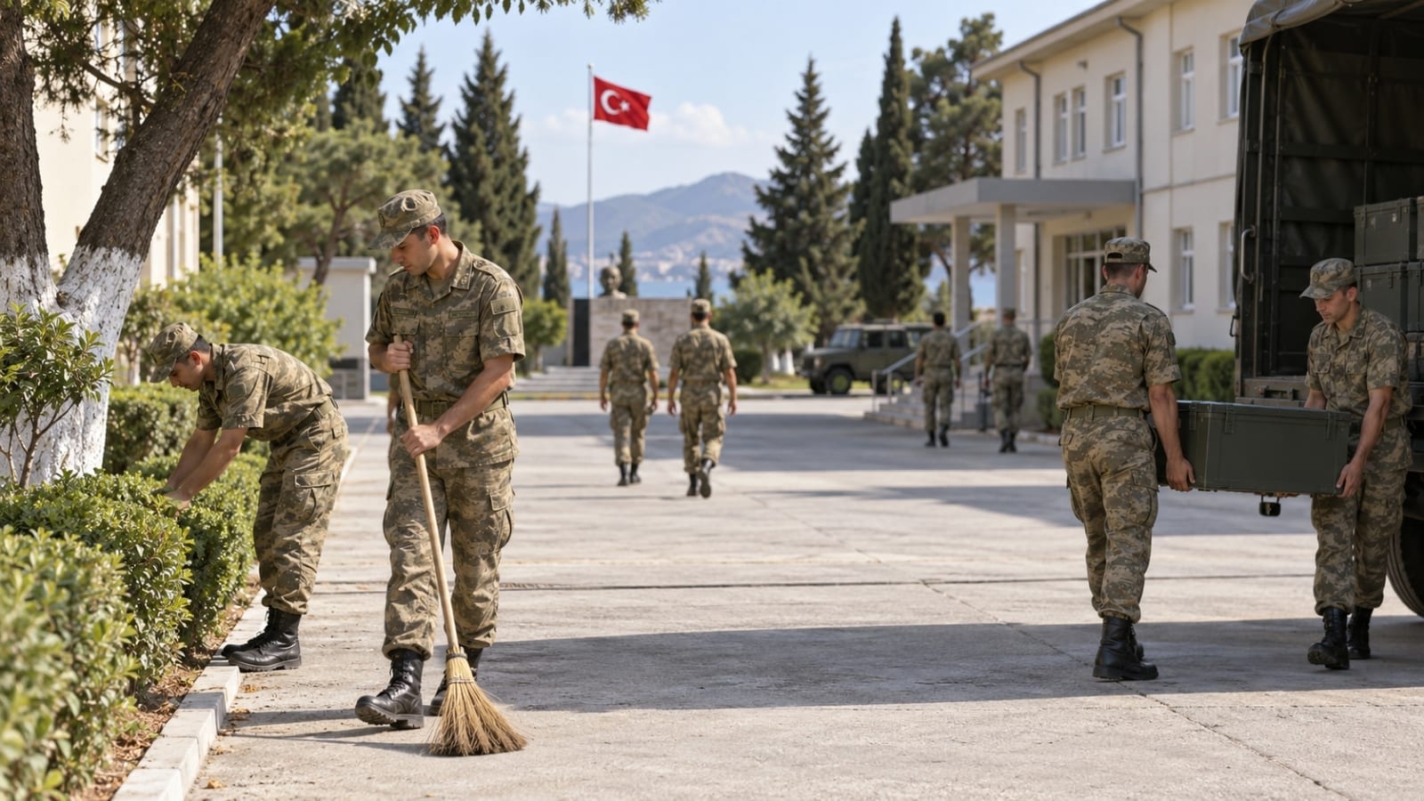 Usta birliğinde günlük görevlerini sürdüren rütbesiz erler ve kışla düzeni.