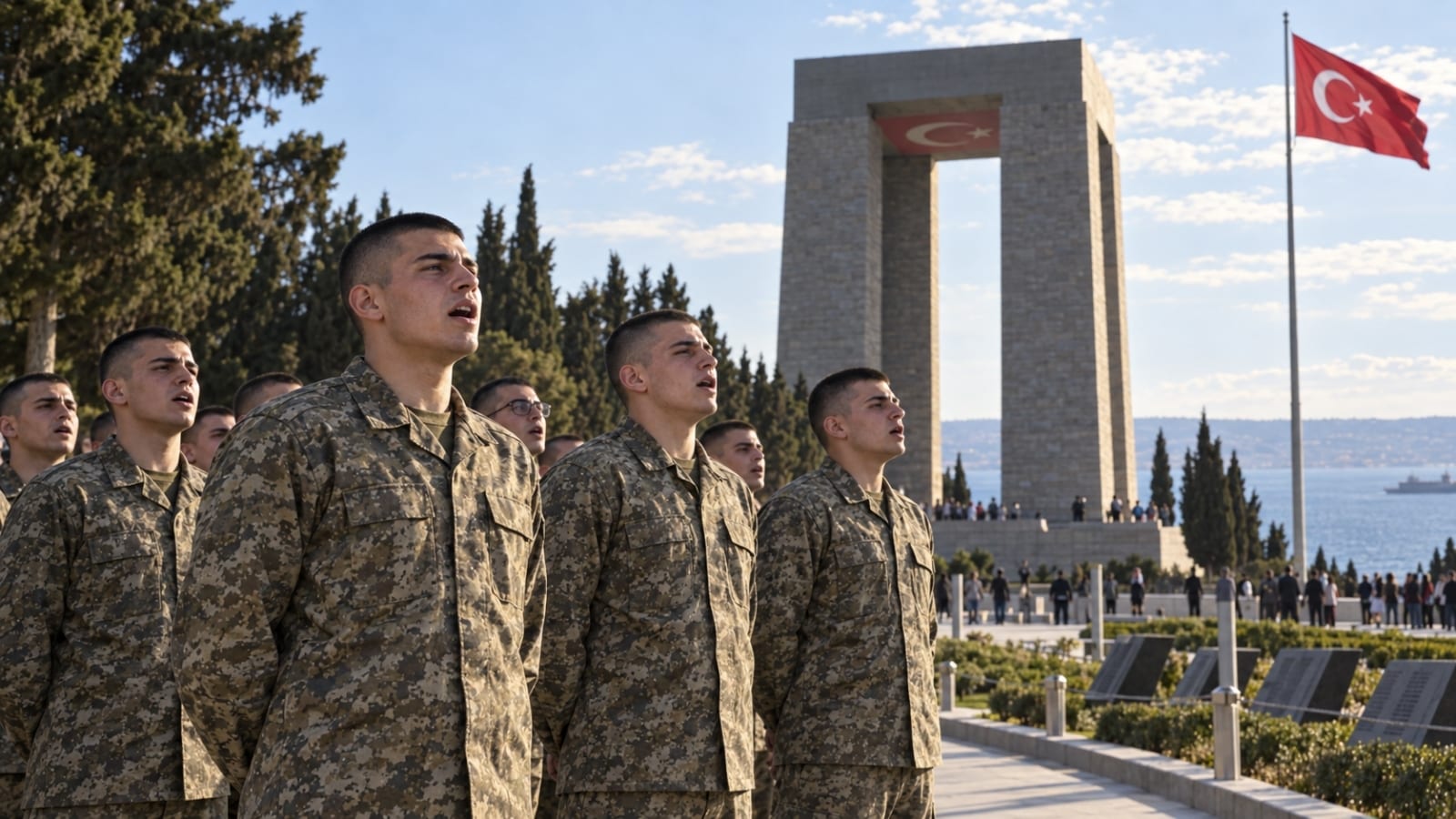 Çanakkale Şehitler Abidesi önünde İstiklal Marşı okuyan rütbesiz askerler.