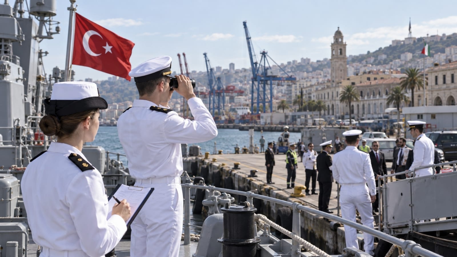 Türk deniz personeli yabancı limandaki askerî iskeleye yanaşma ve resmî liman ziyareti sırasında görev başında görülüyor