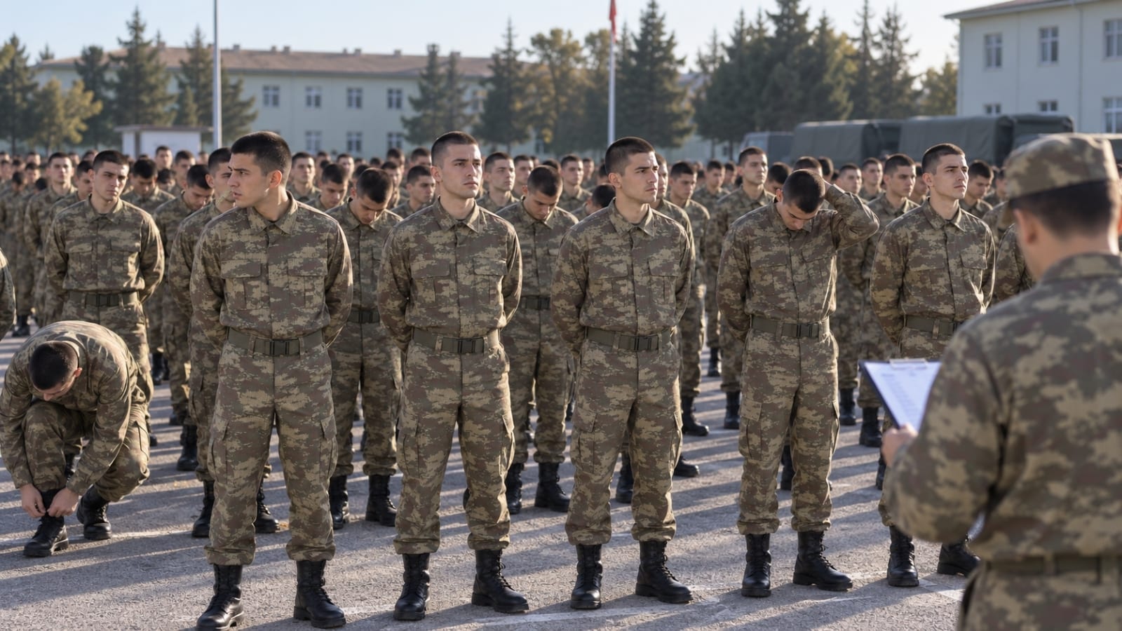 Acemi birliğinde içtima ve sayım için sıraya giren rütbesiz askerler.