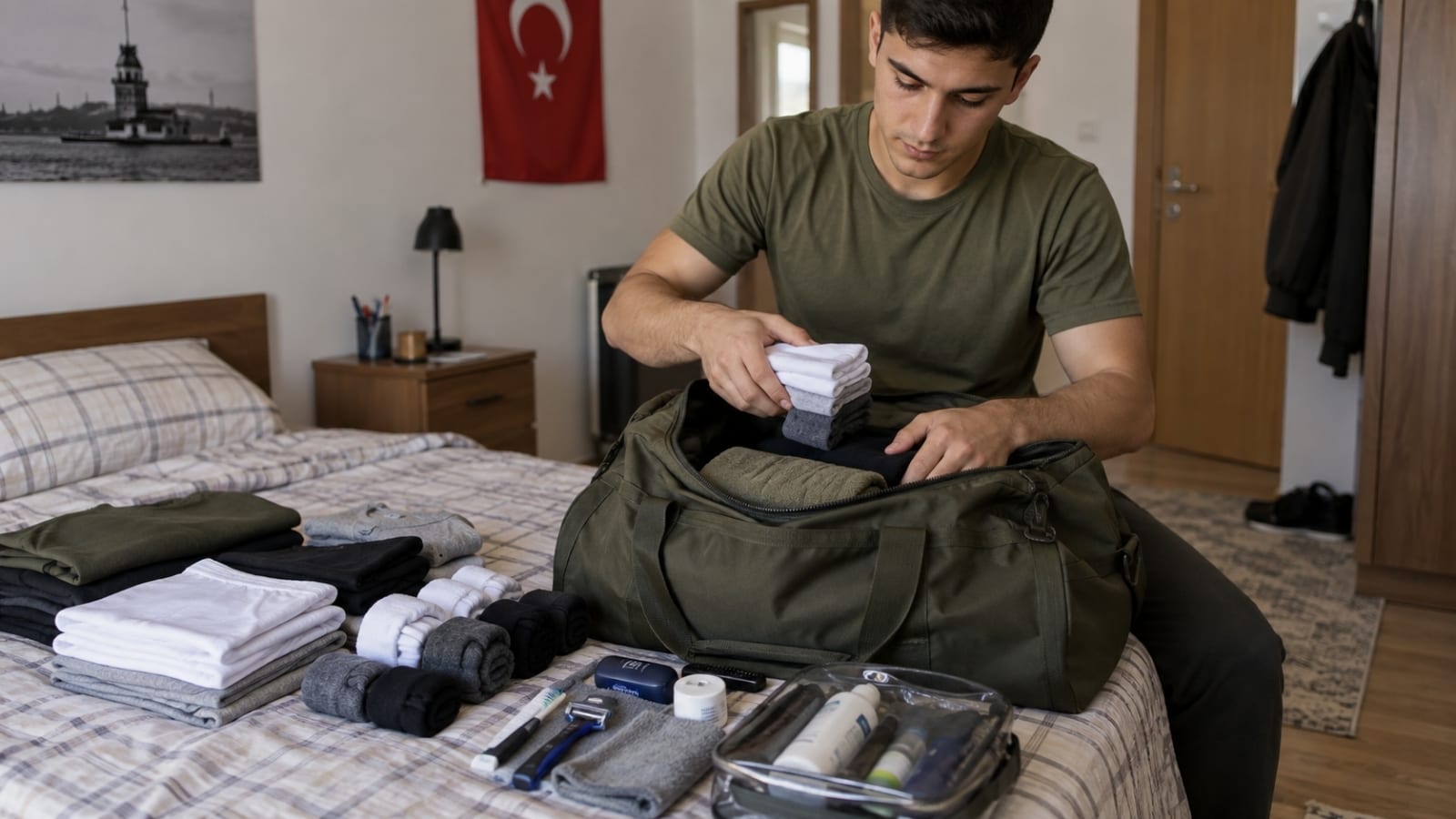 Askerlik çantasına yedek iç çamaşırı, çorap ve temel bakım ürünlerini düzenli şekilde yerleştiren genç.