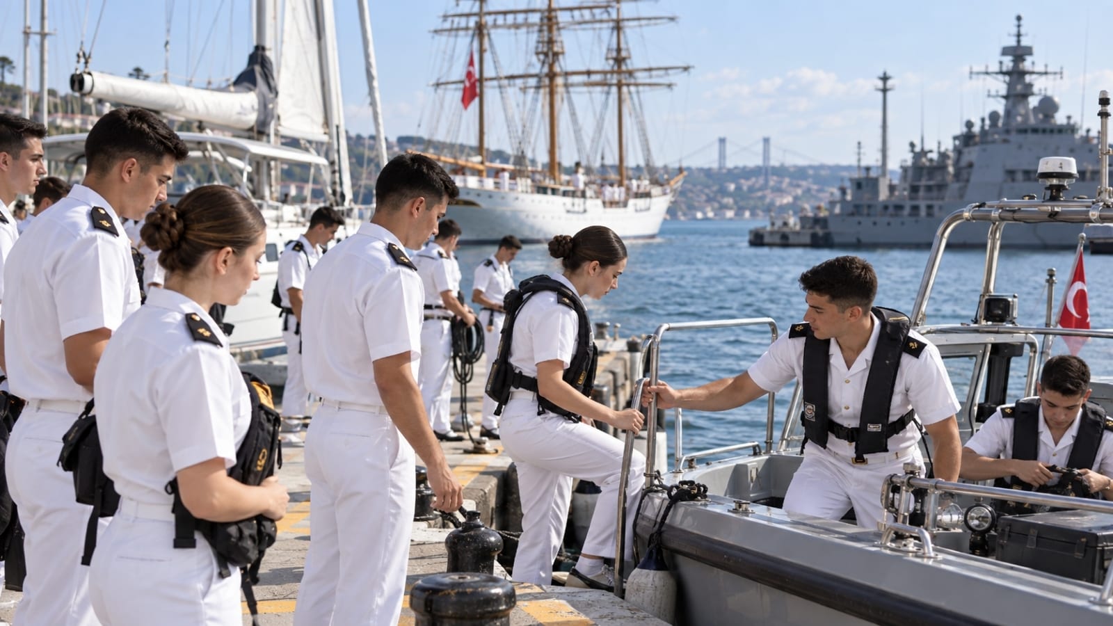Deniz Harp Okulu öğrencileri eğitim botuna binerken, arkada yelkenli okul gemisi ve harp gemisi görülüyor