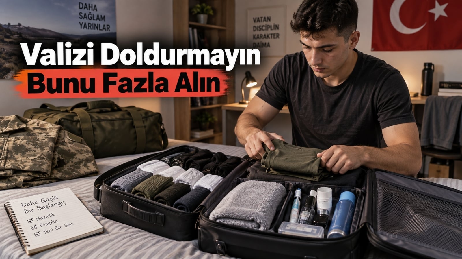 Askere giderken iç çamaşırı, çorap ve temel kişisel eşyalarını valizine hazırlayan asker adayı.