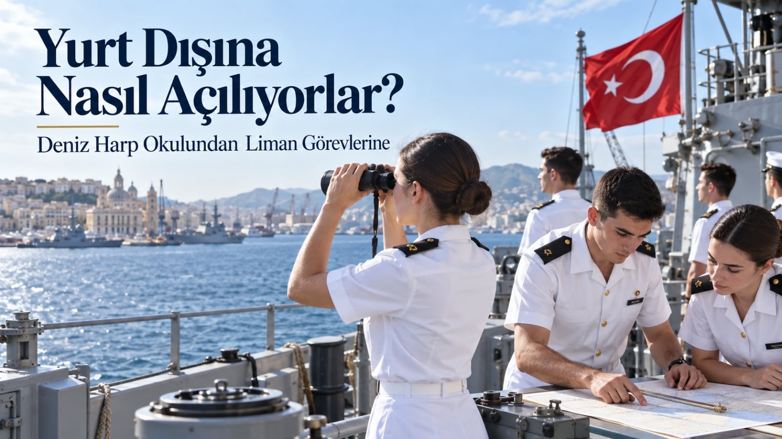 Deniz Harp Okulu öğrencileri askerî gemi güvertesinde yabancı limana yaklaşırken yurt dışı görev ve liman ziyaretlerini temsil eden kapak görseli