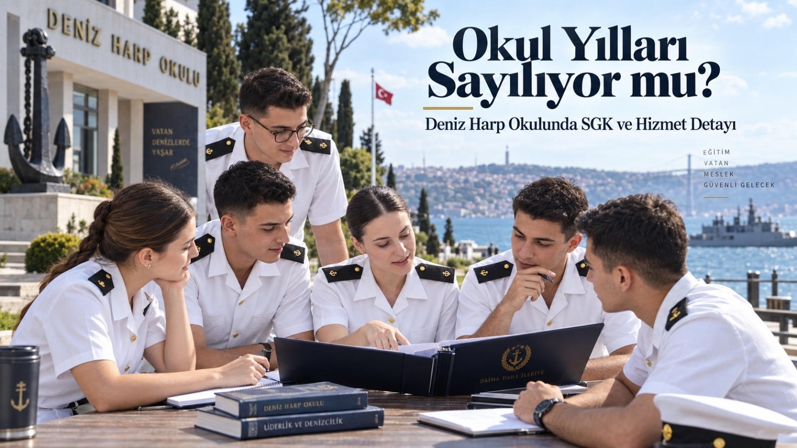 Deniz Harp Okulu öğrencileri kampüs ve deniz manzarası önünde SGK, hizmet süresi ve öğrencilik yıllarının sosyal güvenlikteki yerini birlikte incelerken