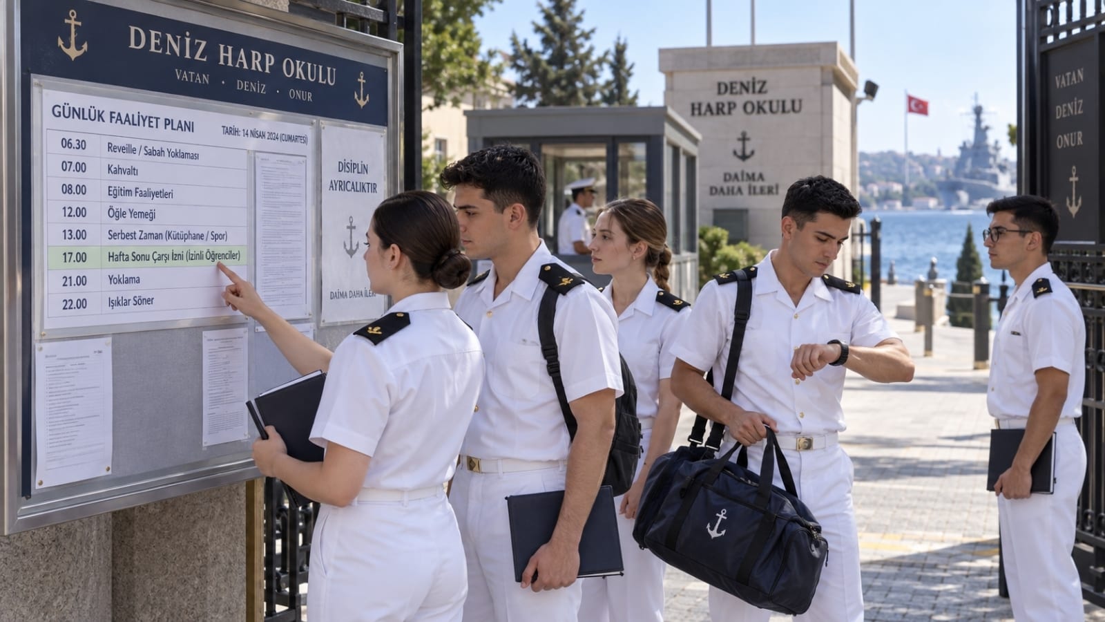 Deniz Harp Okulu öğrencileri hafta sonu çarşı izni ve günlük faaliyet planını okul girişindeki duyuru panosundan kontrol ederken