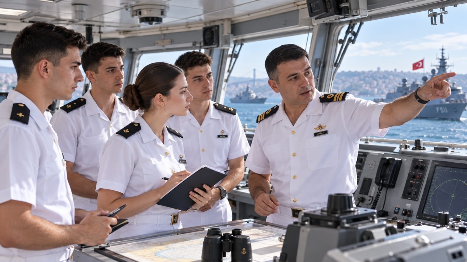 Genç deniz subayları savaş gemisinin köprüüstünde kıdemli subaydan seyir ve ilk görev brifingi alırken